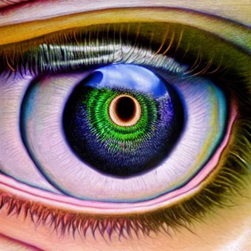 Image similar to hyperrealism photo - realistic lifelike photography photorealistic hyperrealism realistical close - up of an eyeball and inside the pupil is a mountain range landscape and scenery highly detailed ultra psychedelic by alex grey greg rutowski james gurney gustave dore michaelangelo davinci