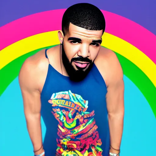 Image similar to drake the rapper in the splits position, with rainbow above his head, high quality, 8 k,