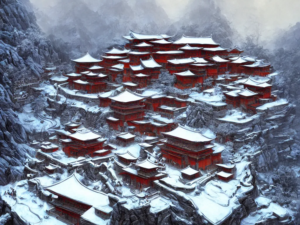 Image similar to shaolin monastery on snowy mountain, artstation, by frank frazetta, concept art, digital art, cool color palette, 8 k, sad, incandescent, cinematic lighting, ray tracing ambient occlusion, in a symbolic and meaningful style, insanely detailed and intricate, hypermaximalist, elegant, ornate, hyper realistic, super detailed