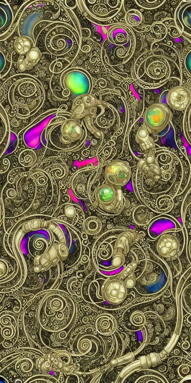 Image similar to seamless pattern of beautiful cybernetic robotic goddess with snakes cartier jewelry and cables arranged in a art nouveau damask pattern, subsurface scattering, rainbow liquids, inside organic robotic tubes and parts, black background, swirls and spirals of rainbow dragons, symmetrical composition + intricate details, hyperrealism, wet, reflections + by alfonse mucha, no blur