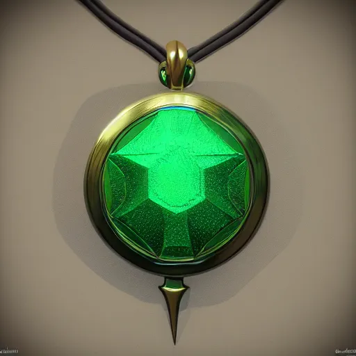 Image similar to shiny metallic amulet with a glowing emerald, highly detailed, concept art, beautiful, octane render