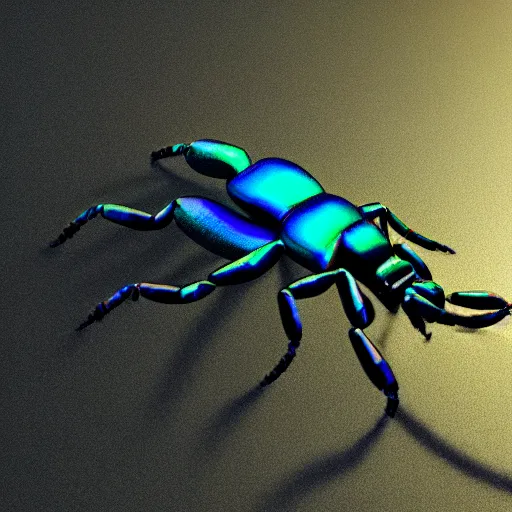 Prompt: iridescent metallic 3d render of a scorpion on dark background, rendered with octane