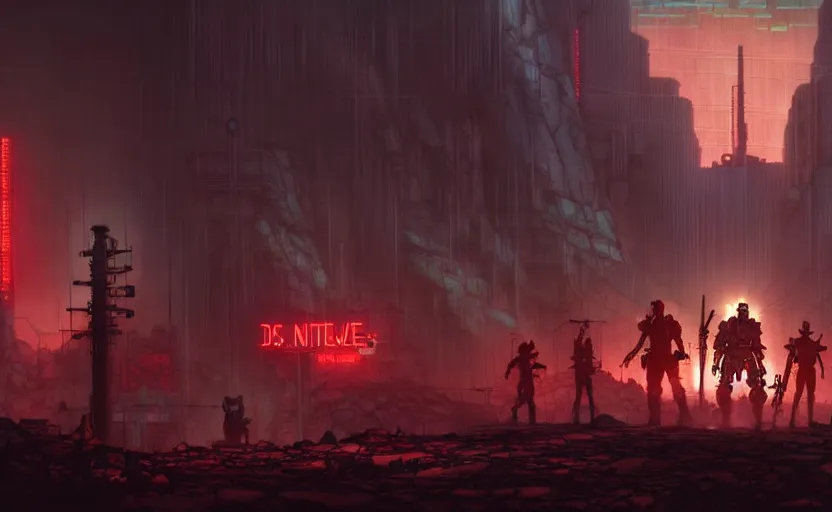 Image similar to fallout new vegas in an cyberpunk studio ghibli animated film, d & d, fantasy concept art, global illumination, beautiful composition, volumetric lighting, art by enki bilial, highly detailed