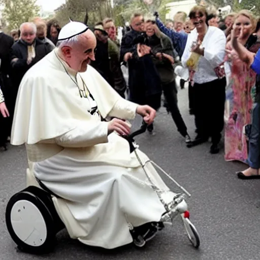 Image similar to the pope riding a childs tricycle