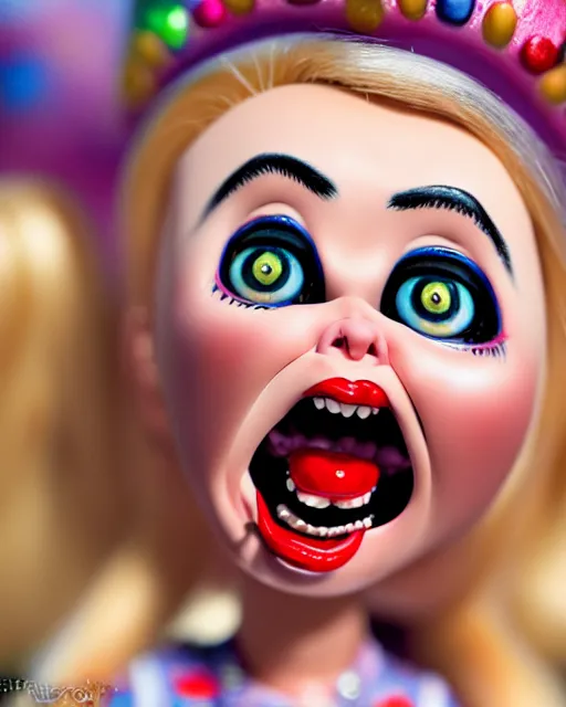 Image similar to closeup profile portrait of a tin toy ivanka trump screaming as a fairytale princess chucky doll wearing a crown and eating cakes, bikini, hyper realistic, artstation, illustration, nicoletta ceccoli, mark ryden, lostfish, max fleischer, digital paint, matte paint, vivid colors, bright, cheerful, detailed and intricate environment
