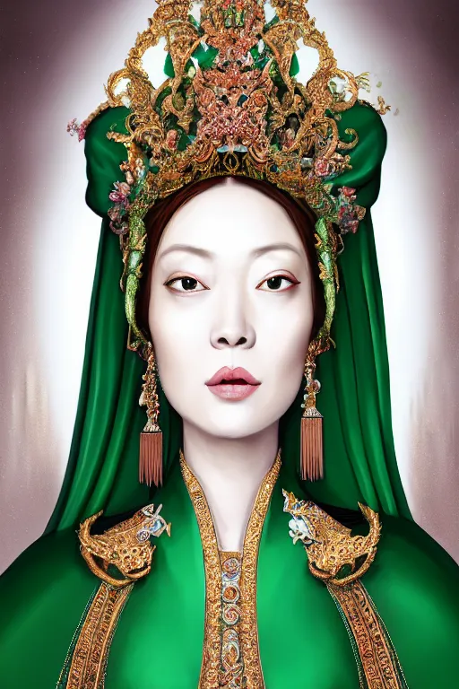 Image similar to a beautiful empress portrait, with a brilliant, impossible striking shiny big emerald headpiece, white and emerald robes, dramatic studio lighting, rococo, baroque, jewels, asian, hyperrealistic, closeup, D&D, fantasy, intricate, elegant, highly detailed, digital painting, artstation, octane render, 8k, concept art, matte, sharp focus, illustration, art by Artgerm and Greg Rutkowski and Alphonse Mucha