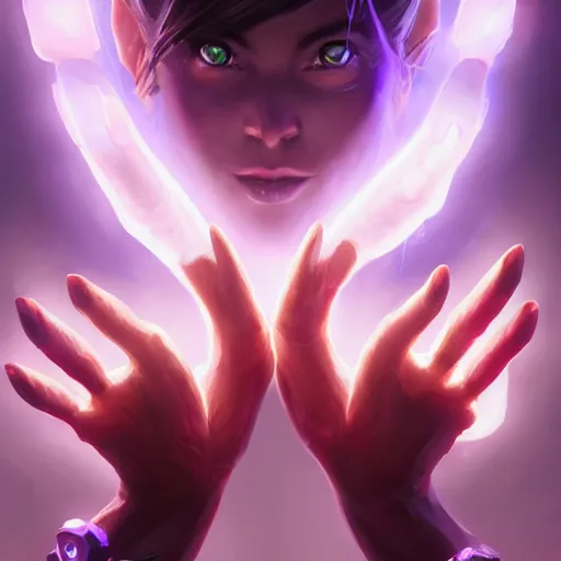 Image similar to glowing hands with fingers floating, eyes in the hand, glowing fingers, violet theme, bright art masterpiece artstation. 8 k, sharp high quality artwork in style of jose daniel cabrera pena and greg rutkowski, concept art by tooth wu, blizzard warcraft artwork, hearthstone card game artwork, human anatomy
