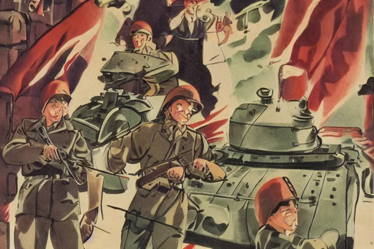 Image similar to 1940s, war, anime, poster, smiling tanks