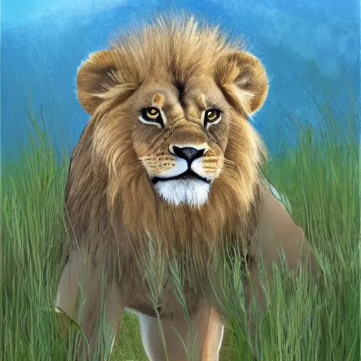 Prompt: drawing for children of a lion cute in a meadow, smooth, sharp focus, illustration, ArtStation