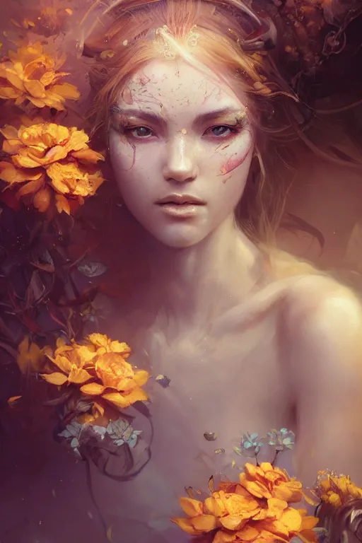 Prompt: face closeup of beautiful girl in intricate detailed color smoke, 3 d render, hyper realistic detailed portrait, holding magic flowers, ruan jia, wlop. scifi, fantasy, hyper detailed, octane render, concept art, by peter mohrbacher, by wlop, by ruan jia