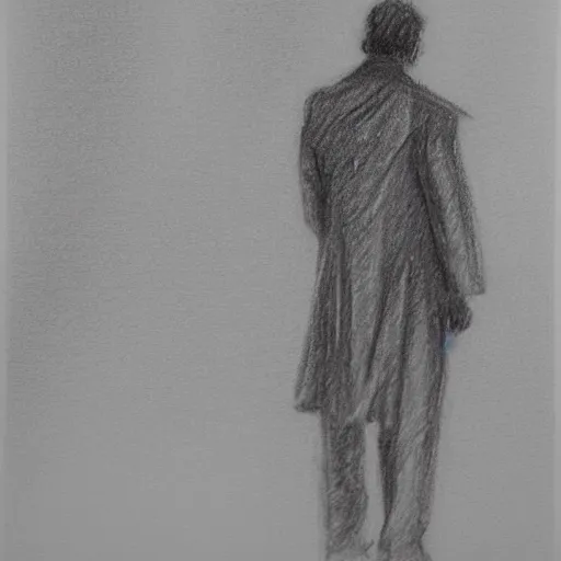 Image similar to a drawn man standing in the rain. pencil sketch.