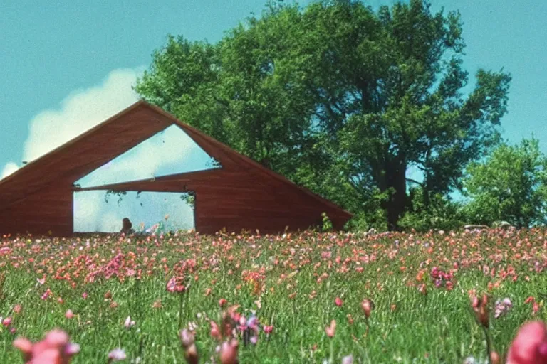 Image similar to vhs 1 9 8 0 s footage of a scene from the movie midsommar a - line shaped wooden building on fire, field of flowers