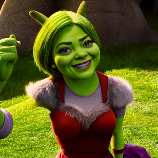 Image similar to Emma Stone as a female Shrek, Shrek features, fully detailed, high quality , 4k , octane render , soft lightening , masterpiece