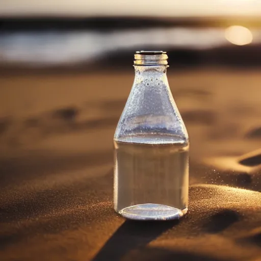 Prompt: a closeup of a water bottle on the sand,cinematic,realistic,hyperdetailed,ultradetail