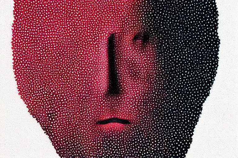 Image similar to face made out of mist, faceless people dark, dots, drip, stipple, pointillism, technical, abstract, minimal, style of francis bacon, asymmetry, pulled apart, cloak, hooded figure, made of dots, abstract, balaclava, red dots