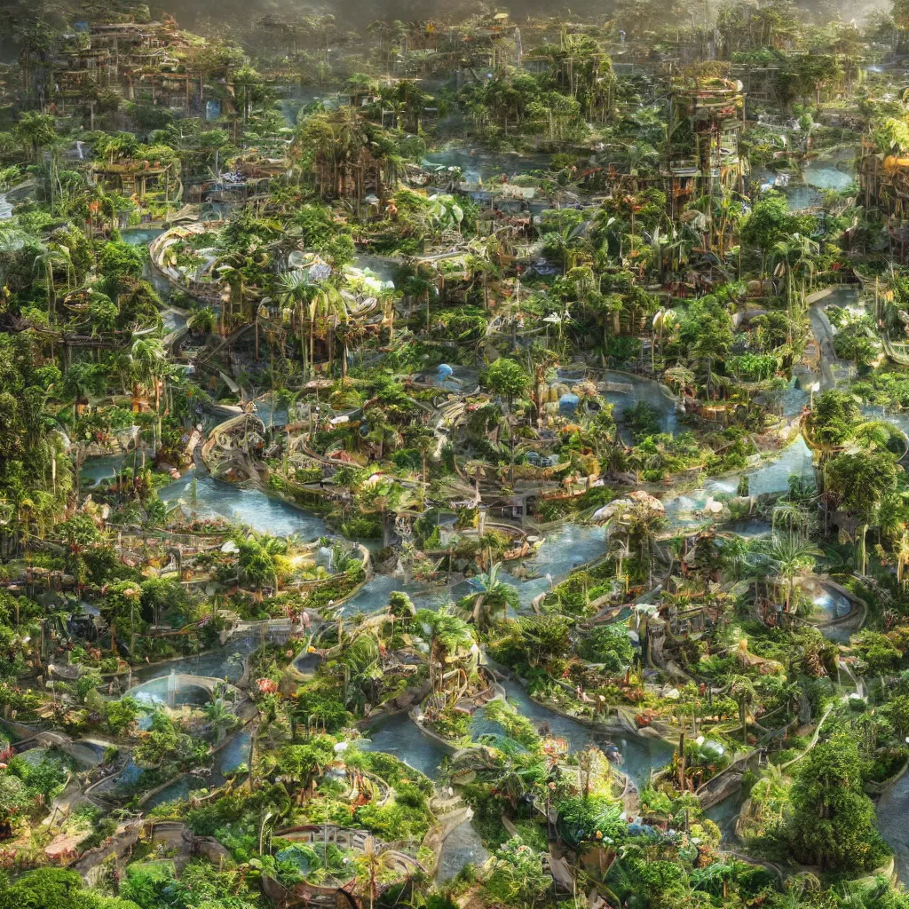 Prompt: solarpunk eco - city utopia, enchanted world, ancient nile winding river valley deep valley taken from 3 0 metres high, otherworldly, botanical garden, waterscape, overgrowing floral lush, glistening in the morning light, 8 k, cinematic shot, weta workshop, hyper realistic, cinematography by john boorman