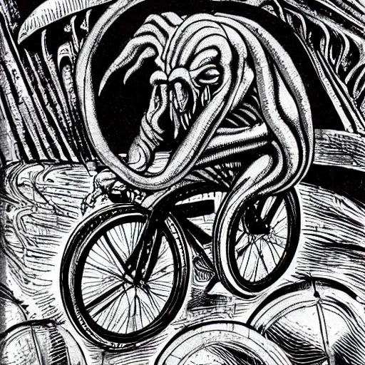 Image similar to cthulhu rides his single speed bicycle to work in a detailed hellscape, hr giger illustration