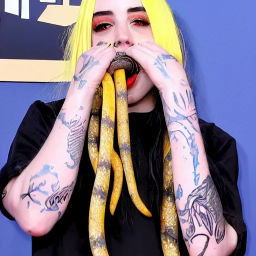 Prompt: billie eilish having mouth full of snakes