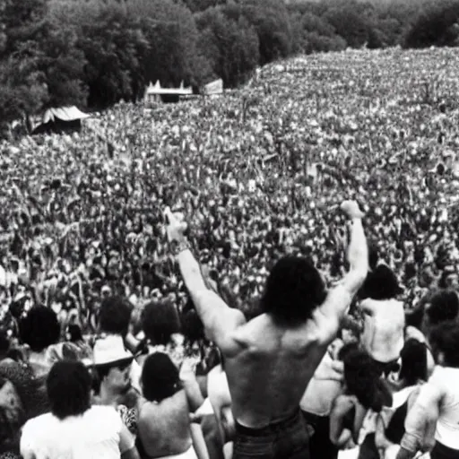 Image similar to hulk performing at woodstock, crowd of people