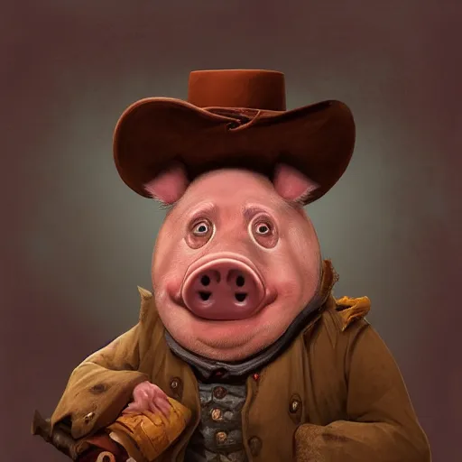 Image similar to cute little anthropomorphic Pig in Red Dead Redemption 2 (2018 videogame) cover art, ultra wide lens shot , tiny, swine, hug, small, short, cute and adorable, pretty, beautiful, DnD character art portrait, matte fantasy painting, DeviantArt Artstation, by Jason Felix by Steve Argyle by Tyler Jacobson by Peter Mohrbacher, cinematic lighting
