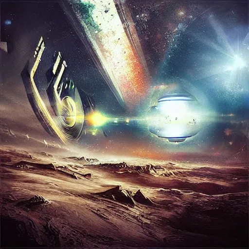 Prompt: “ planetary wonder, spaceships, star fields, dust clouds, cyber punk color leksi briclot ” n 4