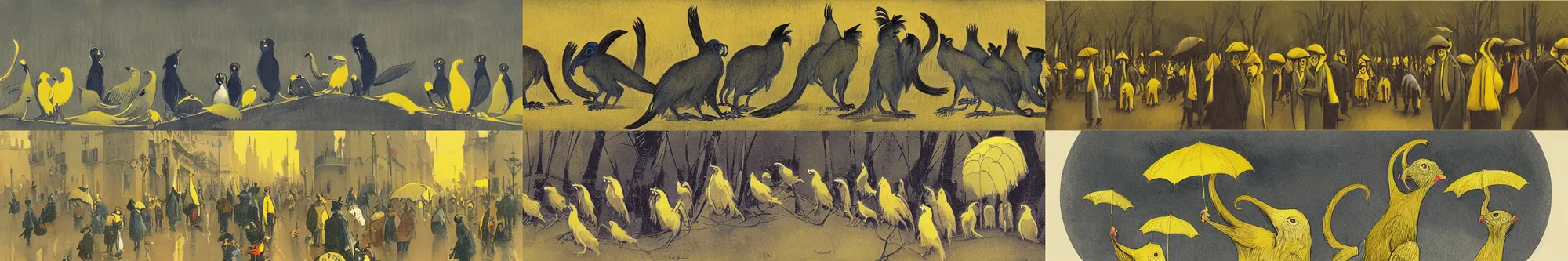 Prompt: bustling crowd scene of long - eared crow - monkey creatures wearing raincoats | payne's grey, azo yellow, and indigo | tonalist style, art nouveau illustration