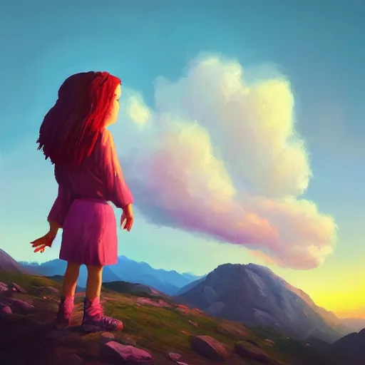 Prompt: giant carnation flower as a head, girl hiking in the mountains, surreal photography, sunrise, dramatic light, impressionist painting, colorful clouds, digital painting, artstation, simon stalenhag