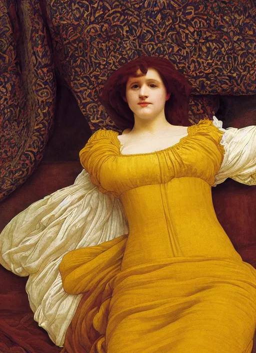 Image similar to portrait of lady reclining on bed wearing yellow ochre ornate medieval dress, foreshortening, framed, preraphaelite colour photography by frederic leighton, william morris, 8 k