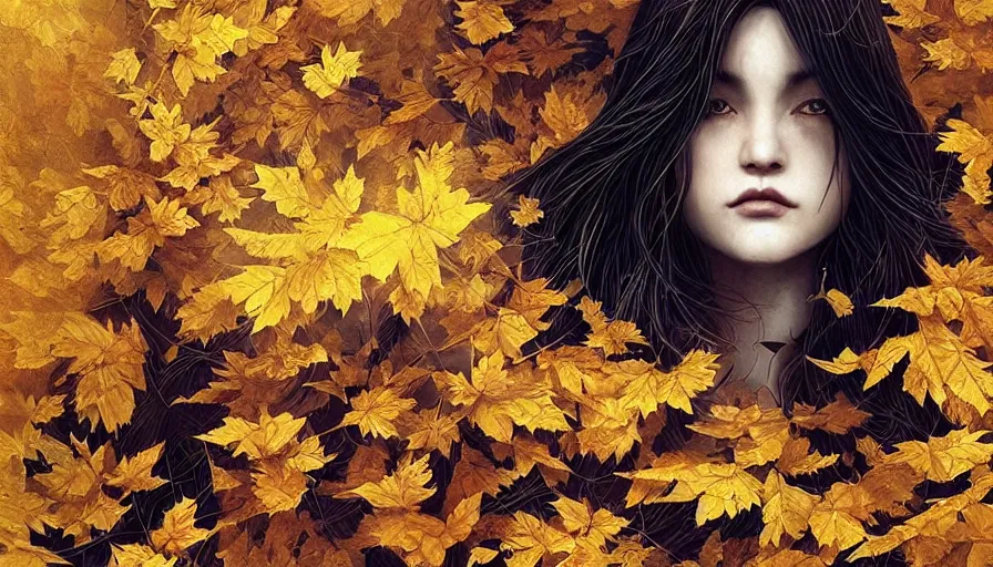 Image similar to golden leaves at frame border, creative!!! composition for a book cover!!!, absurdly beautiful, ultrafine hyperrealistic detailed old!! witch face by wlop and artgerm and greg rutkowski, intricate linework, sharp focus, smooth, octopath traveler, final fantasy, unreal engine, dramatic lighting, ethereal, 8 k