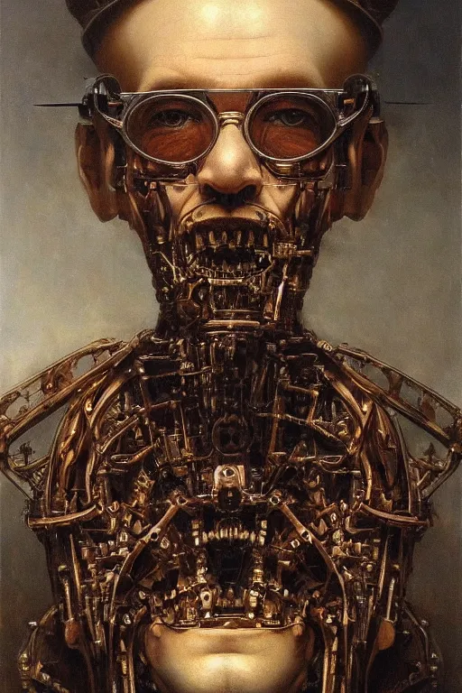 Prompt: beautiful clean oil painting biomechanical portrait of human face with huge mechanical glasses by wayne barlowe, mazzoni marco, rembrandt, complex, stunning, realistic, skin color