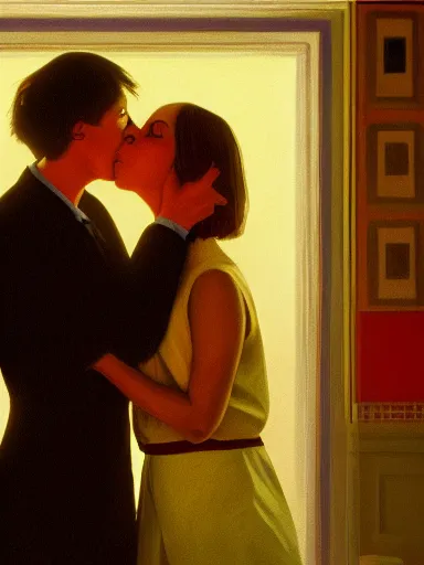 Image similar to a guy and a girl kissing, artwork by wes anderson, cinematic light, atmospheric effects, oil on canvas