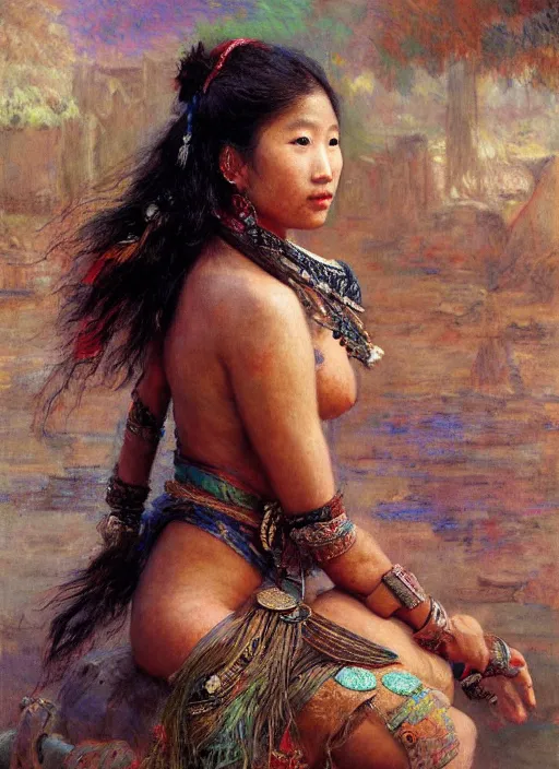 Prompt: portrait of the tribal ethnic asian female, sitting on top of a war elephante poses by gaston bussiere, anna nikonova aka newmilky, greg rutkowski, yoji shinkawa, yoshitaka amano, tsutomu niehi, impressionism, monet,