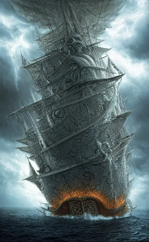 Image similar to the voyage of life, storm on the sea of galilee, huge clouds in the form of a dendritic cthulhu, an epic pirate ship, dappled silver lighting, atmospheric, highly detailed, by igor morski, jacek yerka, alexander jansson, james christensen, tomek setowski