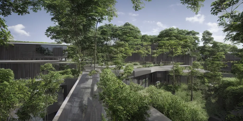 Prompt: 3d rendering of beautiful nature meets architecture concept of a residential house by Kengo Kuma and studio ghibli, volumetric lighting, luxury, high detail, 14mm, glass railing, outdoor staircase, terraces, roof garden, cinematic photography, cg architects, high resolution