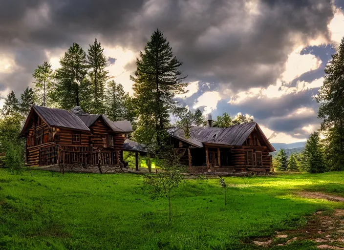 Prompt: landscape photography, wood cabin mansion, warm light, beautiful, clouds, kodachrome, 4 k, hd