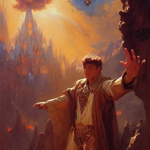 Image similar to stunning male wizard casting his earth quake spell, highly detailed painting by gaston bussiere, craig mullins, j. c. leyendecker, 8 k