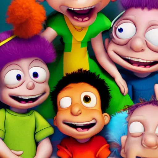 Prompt: the Rugrats by Pixar, movie poster, cinematic lighting, raytracing, highly detailed, highly detailed faces, ultra quality, 3d