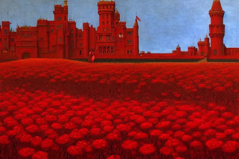 Image similar to only with red, red flowers of different types, red castle in background, red medieval big goblins, in the style of beksinski, parts by edward hopper, parts by rodcenko, parts by yue minjun, intricate and epic composition, red by caravaggio, insanely quality, highly detailed, masterpiece, red light, artstation, 4 k