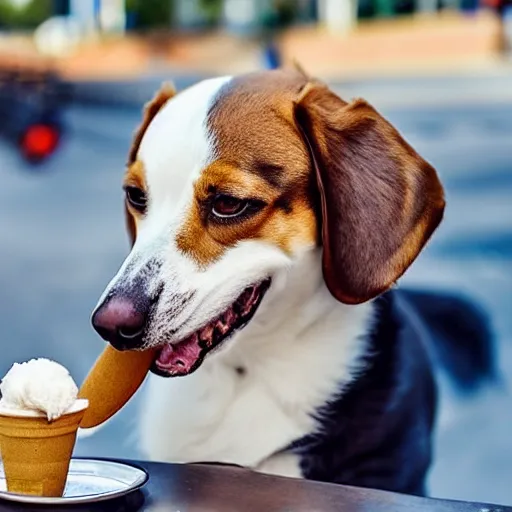 Image similar to a cute dog licking icecream