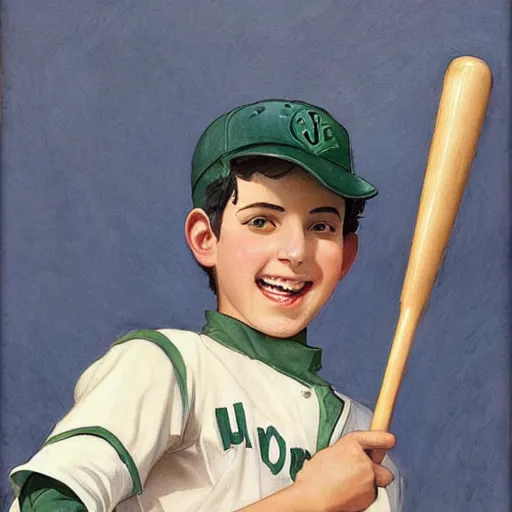 Image similar to a teen boy with black hair and green eyes in a baseball uniform clutching a baseball bat while smiling. Kuvshinov ilya. Geoffroy Thoorens. JC Leyendecker