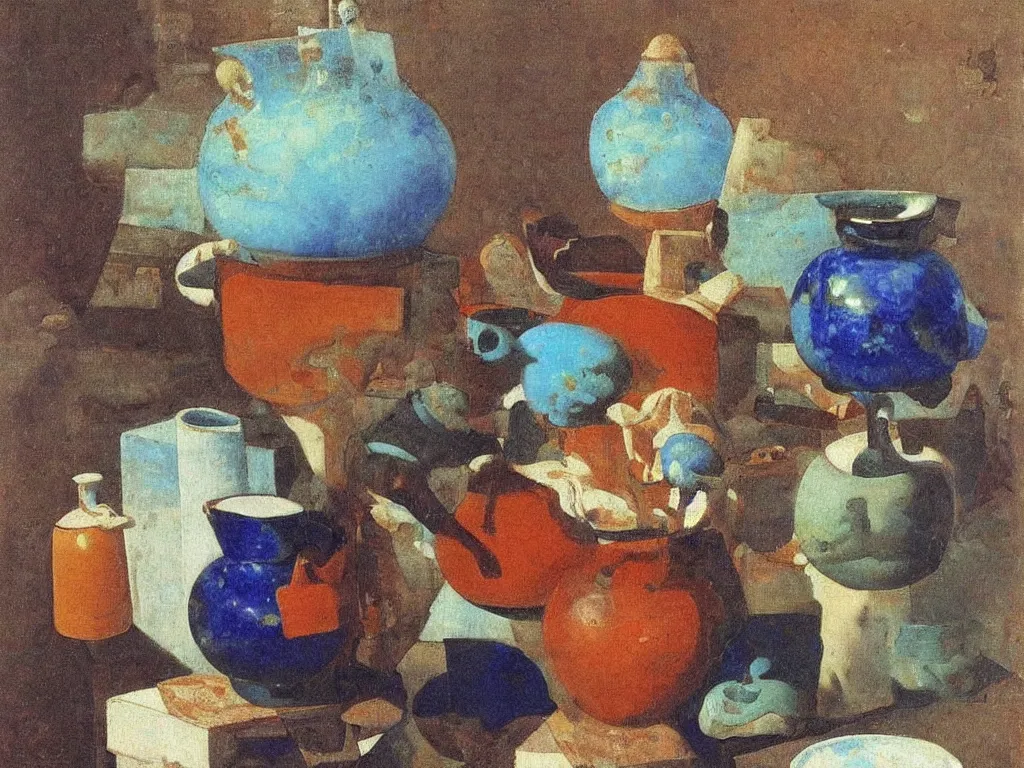 Image similar to greek painted ceramic, pottery, amphora, vase, negative - positive, floating in the night sky. lapis - lazuli, turquoise, malachite, cinnabar, earth brown. painting by georged de la tour, balthus, agnes pelton