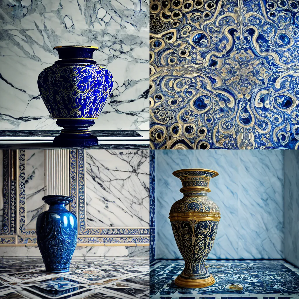 Image similar to An ornate baroque vase breaking on the marble tile floor, exploding into dust, dark-blue light-blue gold silver white black beige, volumetric dust rays, intricate detail, ultra realistic, cinematic lighting, moody, wet, shiny