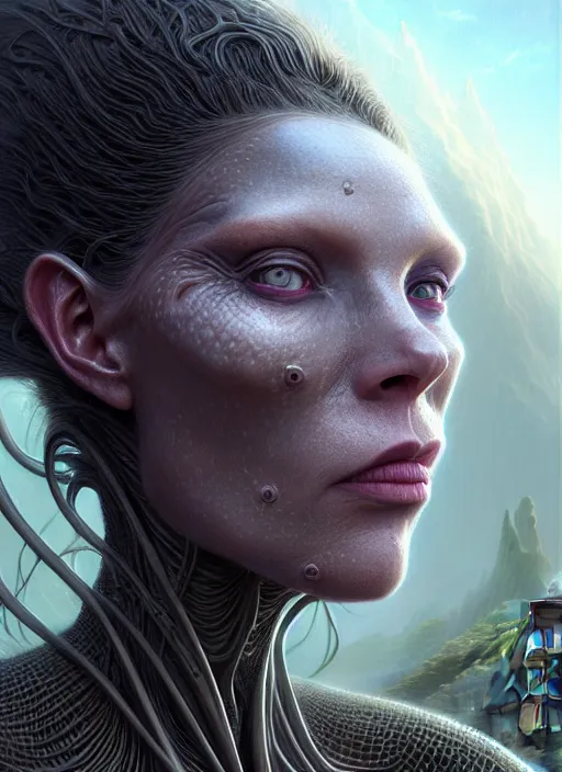 Prompt: closeup portrait shot of a alien female in a scenic dystopian environment, intricate, elegant, highly detailed, centered, digital painting, artstation, concept art, smooth, sharp focus, illustration, artgerm, tomasz alen kopera, peter mohrbacher, donato giancola, joseph christian leyendecker, wlop, boris vallejo