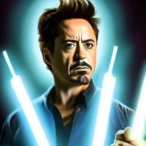 Image similar to Robert Downey Jr holding a lightsaber dramatically, 4k, very detailed, backlit
