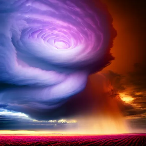 Image similar to amazing photo of purple clouds in the shape of a tornado by marc adamus, digital art, beautiful dramatic lighting