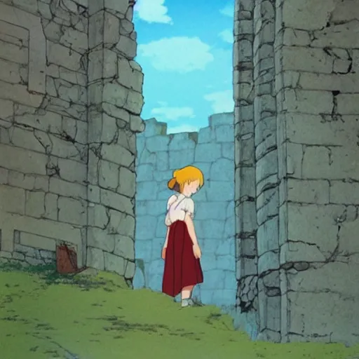 Image similar to ghost of a young girl, a ruined castle, cel shaded, studio ghibli, hayao miyazaki