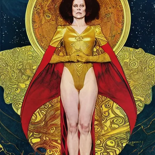 Prompt: portrait by joshua middleton of the young actress, sigourney weaver as ming the merciless, archenemy of flash gordon, saviour of the universe, klimt, mucha, 1 9 7 0 s poster,