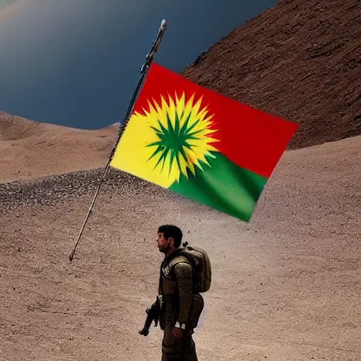 Image similar to kurdish astronaut holding a kurdistan flag in a movie directed by christopher nolan, movie still frame, promotional image, imax 7 0 mm footage