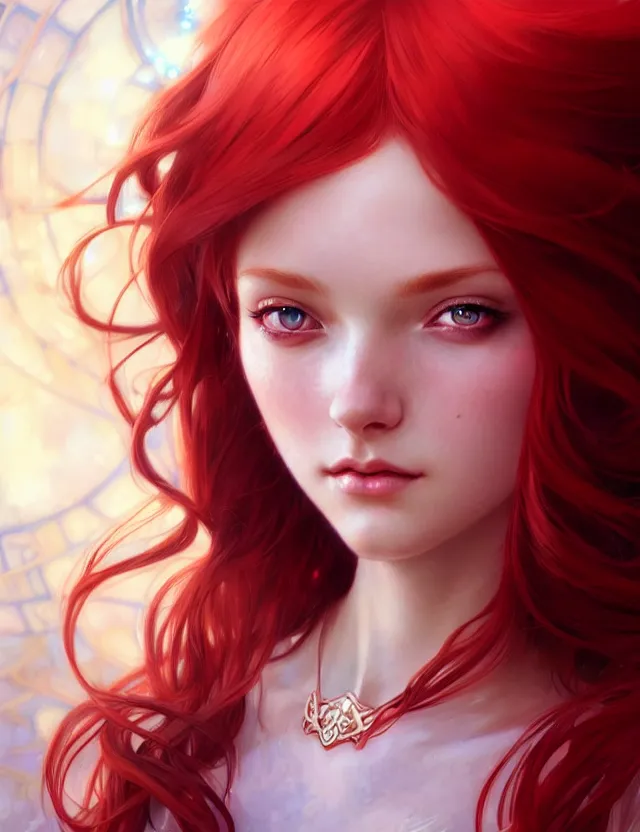 Image similar to beautiful magical girl, with red hair, wonderful eyes, over - detailed, elegant, intricate, dynamic lighting, hyperrealism, digital art, digital painting, artstation, wlop, clear focus, illustration, works by artgerm, greg rutkowski and alphonse mucha, 8 k