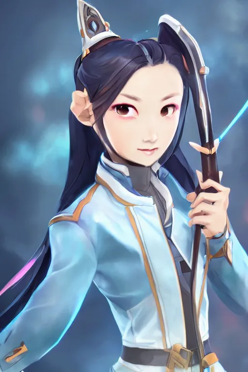 Image similar to a south korean female from paladins, white ponytail hair, she is holding a kunai, wearing light blue jacket, highly detailed digital art, character design, masterpiece